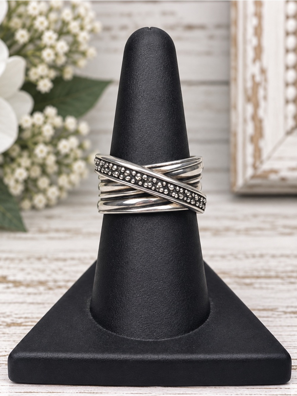 Michael Dawkins Sterling Silver Caviar Cross Over Ring